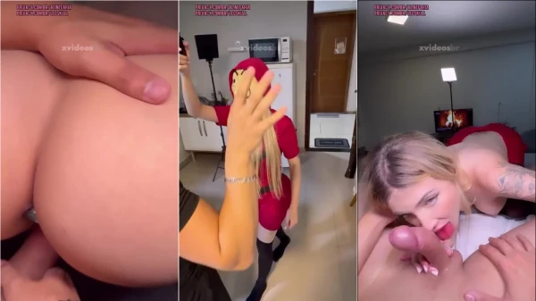 Aline Faria se divertindo com o Leo Skull, toda estilosa com a roupa de La CASA DE PAPEL
